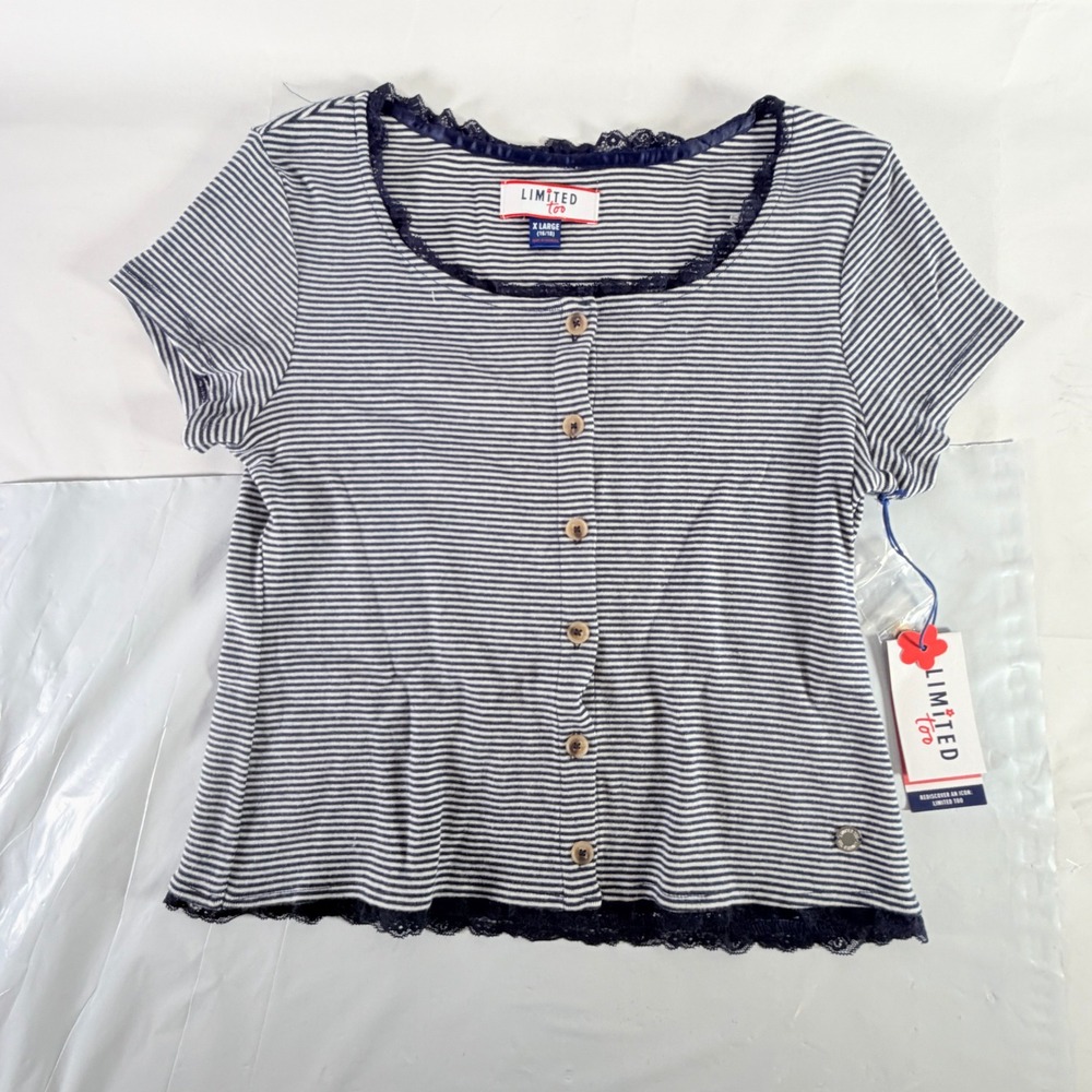 Limited Too Girls Striped Button Front Top XL 16/18 Blue White Lace Trim NWT